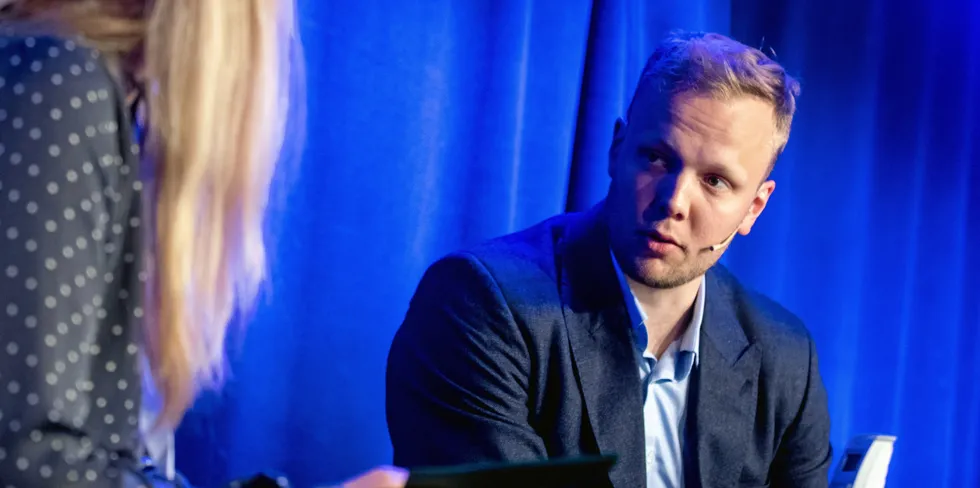IntraFish's Camilla Aadland interviews Eide Fjordbruk General Manager Sondre Eide in Bergen in 2019.
