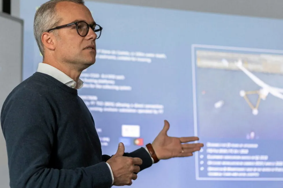 Ocean Wind's Southern Europe manager Jose Pinheiro explains WindFloat Atlantic to a group of Spanish journalists