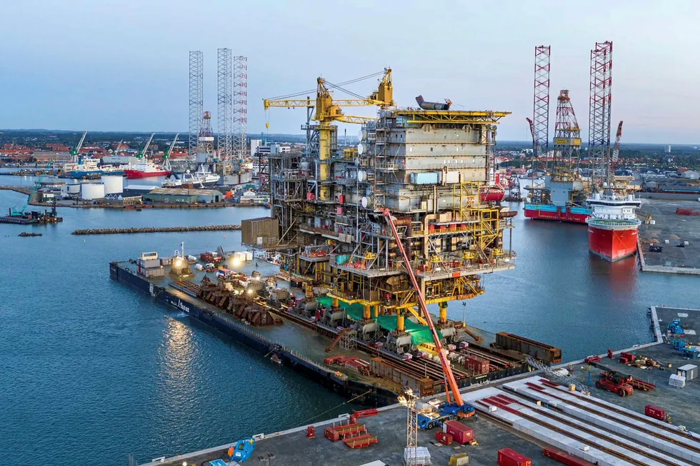 Arrival: the Tyra topsides being delivered by Pioneering Spirit to the MARS recycling yard in Frederikshavn, Denmark