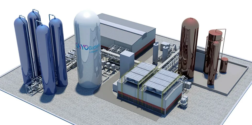 A rendering of Highview Power's commercial 50MW 250MWh CRYOBattery liquid-air storage plant.