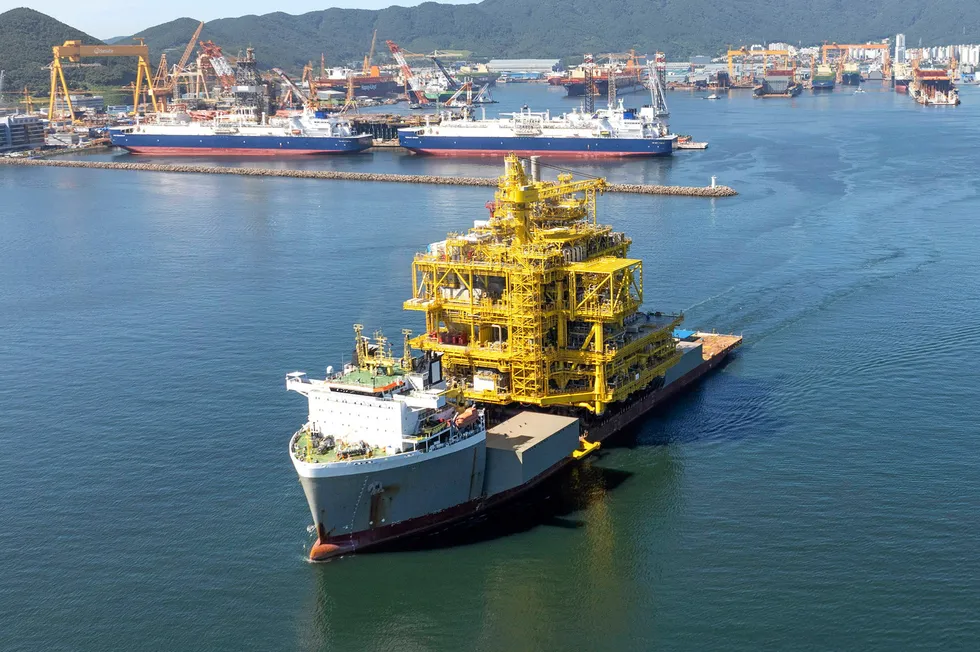 Sailaway of the Hanwha Ocean-built fixed platform for installation at the Al Shaheen oilfield in Qatar.
