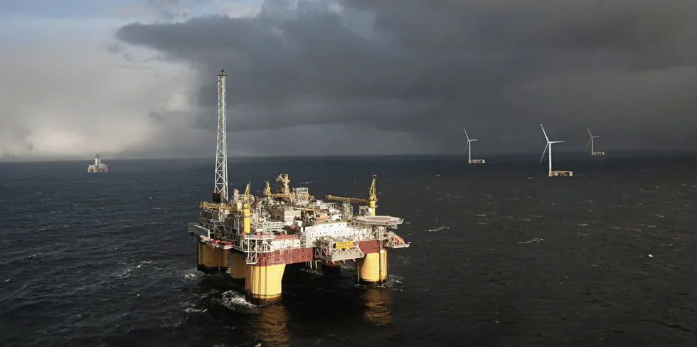 CGI of Odfjell Oceanwind's MOWU floating wind units at an offshore oil & gas field