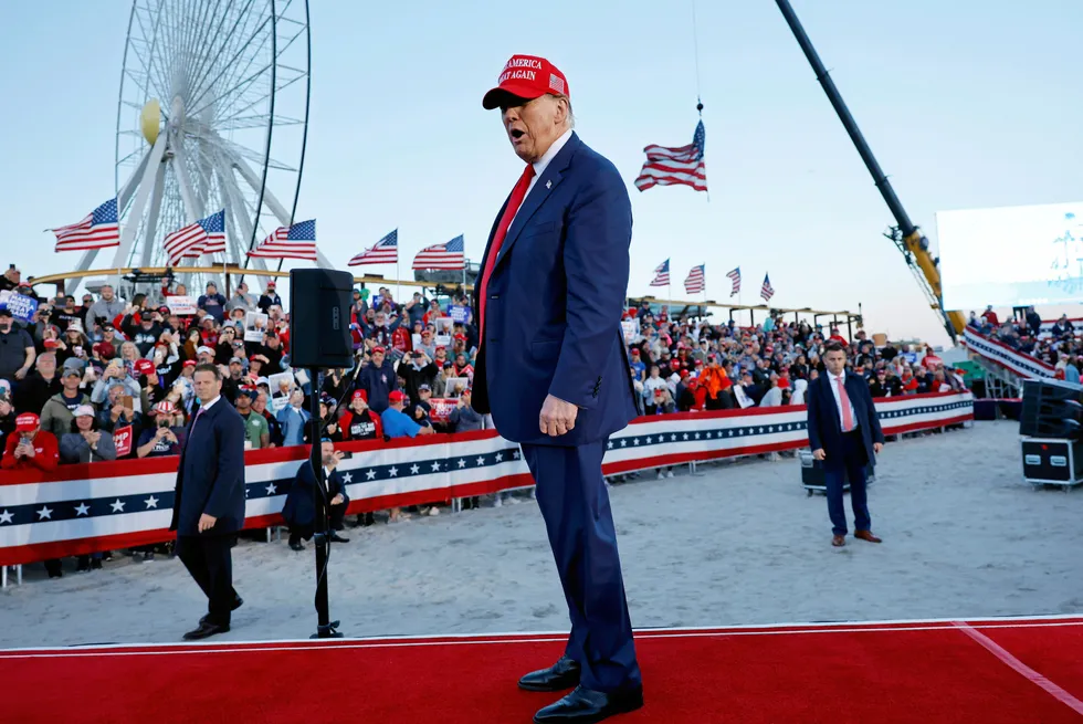 Donald Trump leaves the stage after speaking during a campaign rally in Wildwood Beach on May 11, 2024 in Wildwood, New Jersey at which he vowed to halt offshore wind.