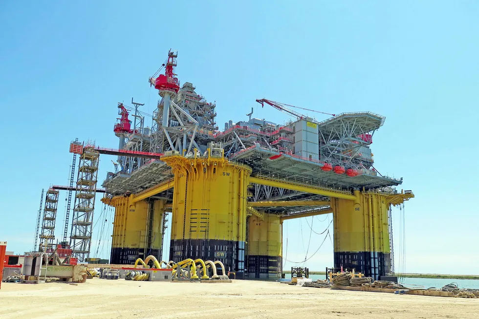 In the works: Shell's Appomattox production semi-submersible during construction work at Kiewit Offshore Services in Ingleside, Texas Photo: KATHRINE SCHMIDT