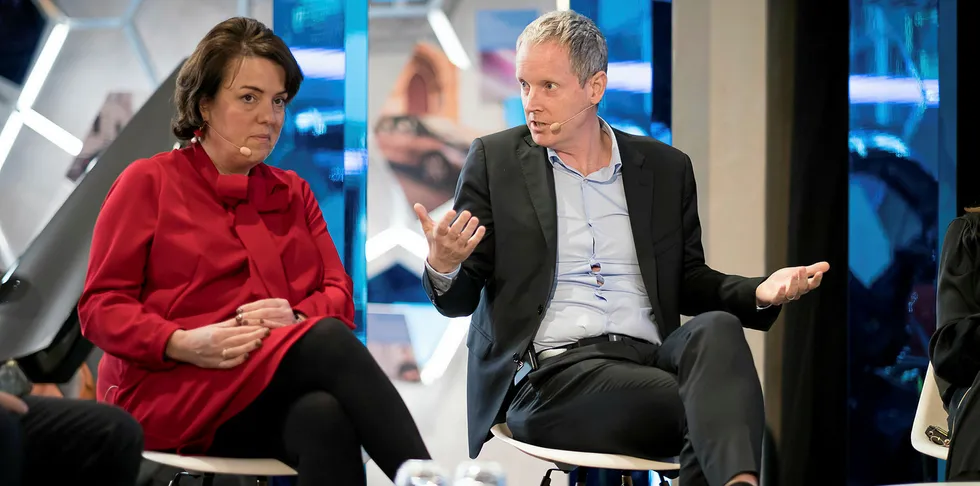 EIB vice-president Andrew McDowell speaking at the Empower conference in Brussels on Tuesday, alongside TenneT CEO Manon van Beek.