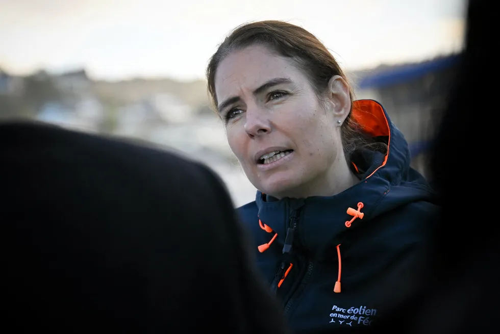French Delegate Minister for Energy Olga Givernet is seen before visiting the Fecamp wind farm as part of a trip to present the government's policies on offshore wind.