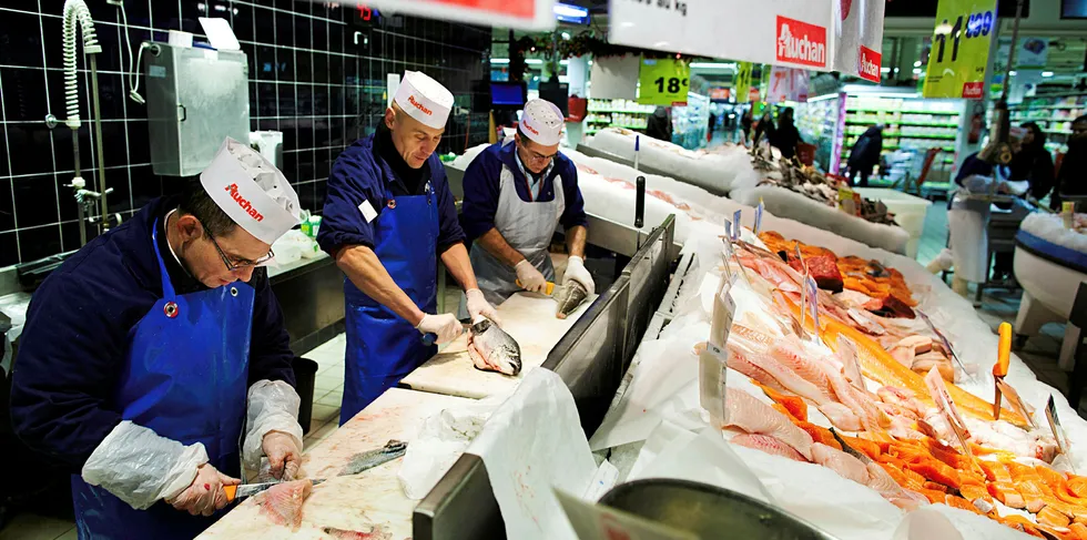 Norwegian salmon on sale in French supermarket chain Auchan.