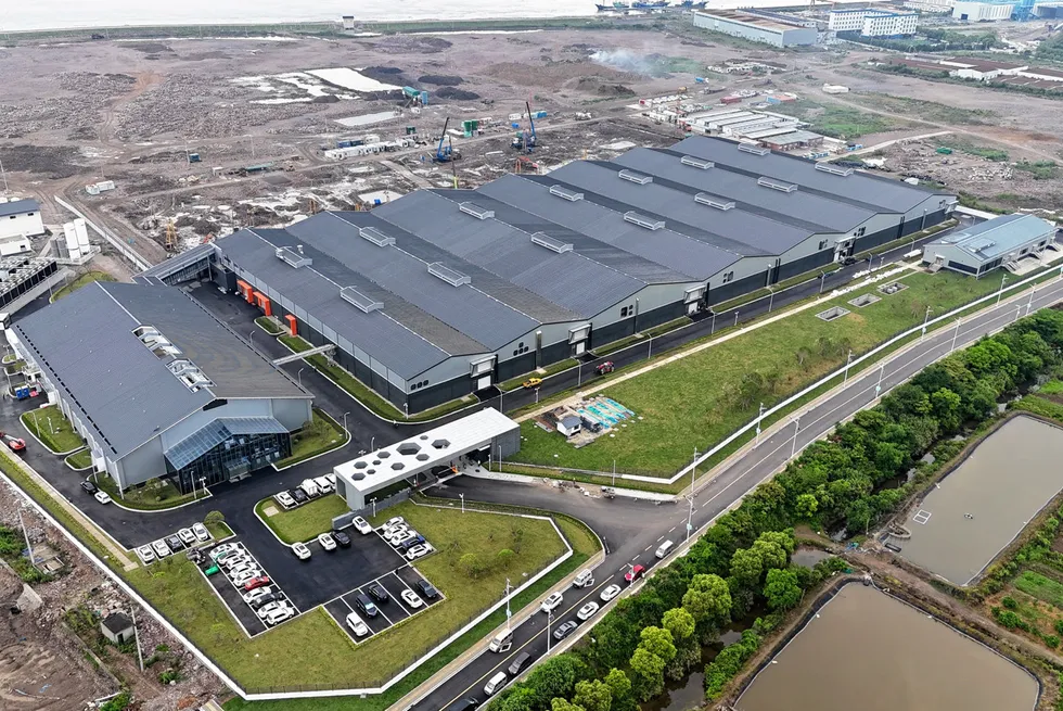 An aerial view of Nordic Aqua Partners' land-based salmon facility in China's Zhejiang province.