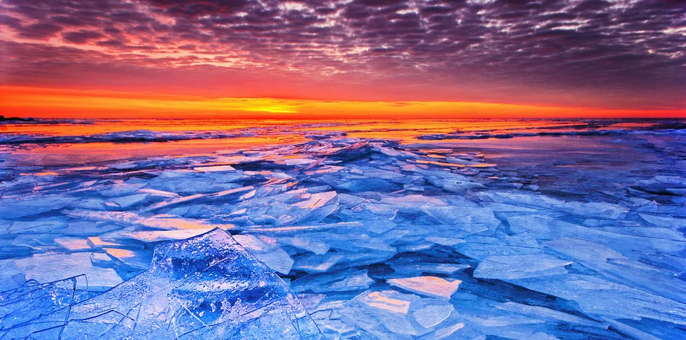 Sun rise over frozen Lake Erie