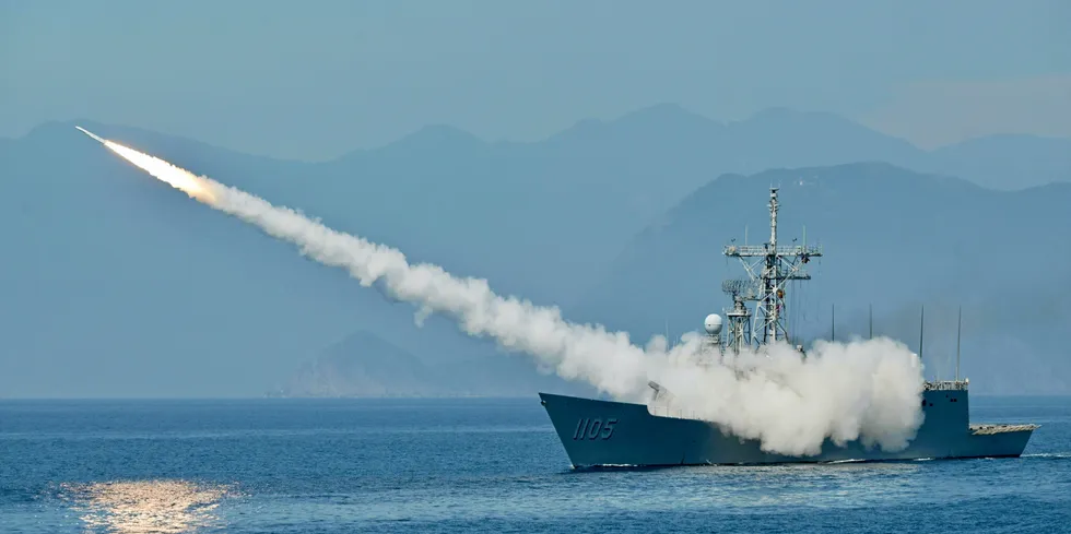 Taiwanese navy launches a US-made Standard missile from a frigate during the annual Han Kuang Drill, on the sea near the Suao navy harbor in Yilan county on July 26, 2022