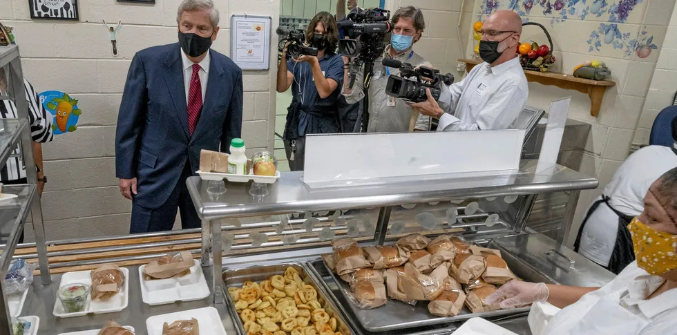 Agriculture Secretary Tom Vilsack tours Riverdale Elementary School, a Prince George’s County public school, during lunch service on Tuesday, October 12, 2021. He talks with parents, school officials and nutrition professionals about the critical role strong in-school nutrition programs play in ensuring children receive nutritious meals.