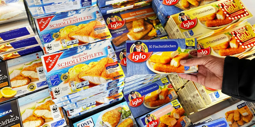 Fish fingers on sale in German supermarket. Buyers and traders in Europe have been concerned by the spate of disruptions in the Alaska pollock sector.
