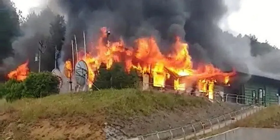 The Coordinadora Arauco-Malleco (CAM) radicial indigenous group is calling for more attacks such as this one on a salmon smolt facility owned by Norway-based Cermaq near Temuco, Chile last year.