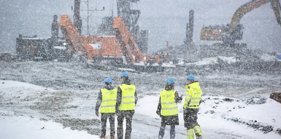 Construction work at Gigante Salmon's land-based facility in Rodoy municipality south of Bodo. The company will build three giant tanks, where a flow-through plant will produce salmon on land, on a small islet.