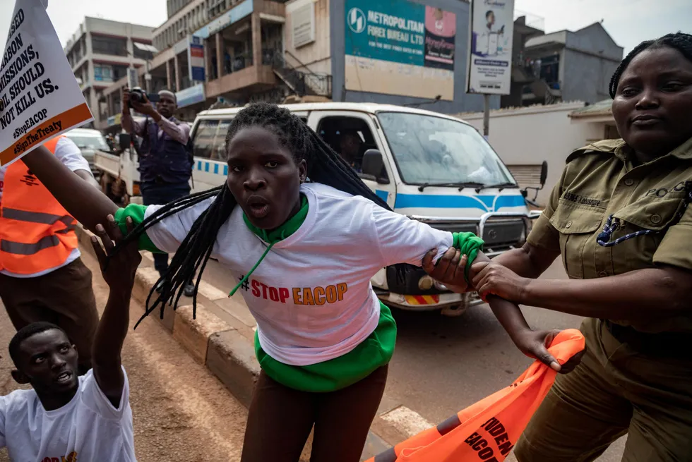 An activist protesting against the East African Crude Oil Pipeline Project (EACOP) in Kampala, Uganda on 26 August 2024.