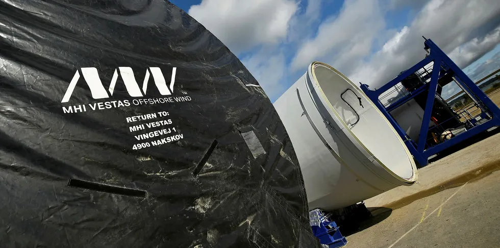 Wind turbine blades wait to be shipped from MHI Vestas's wind turbine logistics facility, at the old Fawley Power Station in Southampton, southern England.