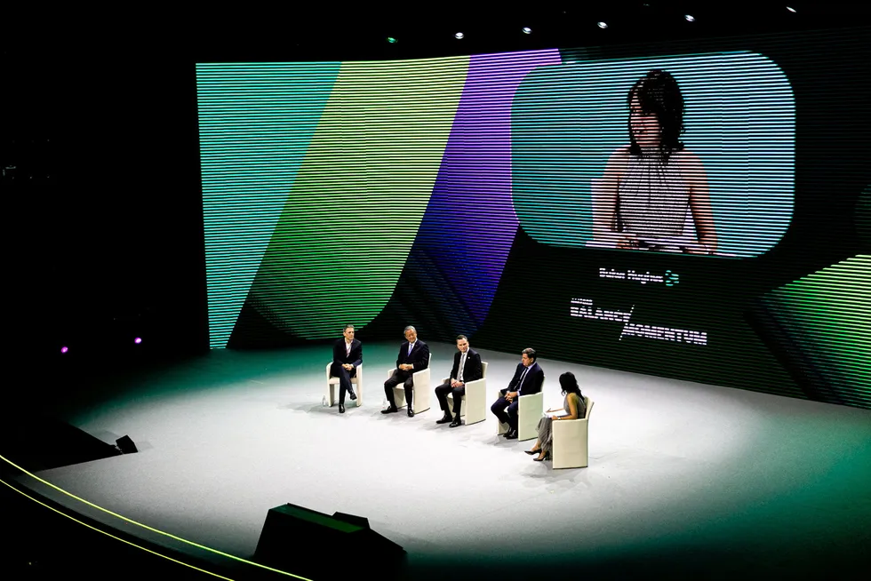 Gas advocates: A panel at Baker Hughes' annual meeting featuring, from left, Daniel Kalms, Woodside Energy; Hitoshi Okawa, Inpex; Arnaud Pieton, Technip Energies; Michael Sabel, Venture Global LNG; and moderator Amrita Sen, Energy Aspects.