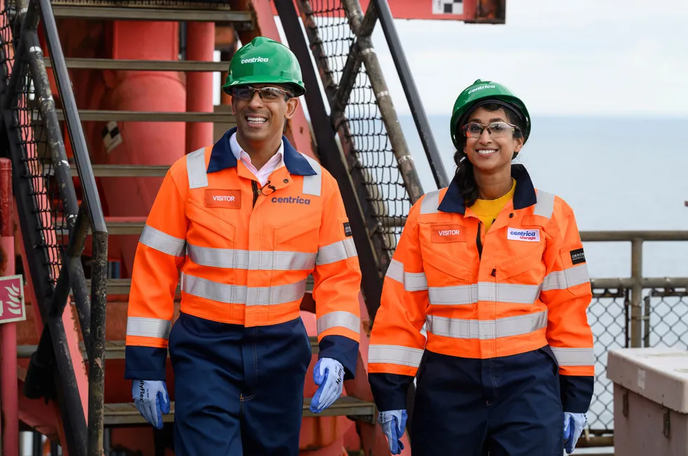 UK Prime Minister Rishi Sunak (left) and Energy Secretary Claire Coutinho (right) pictured during a visit to the Rough 47/3B Bravo gas platform in North Sea on Monday.
