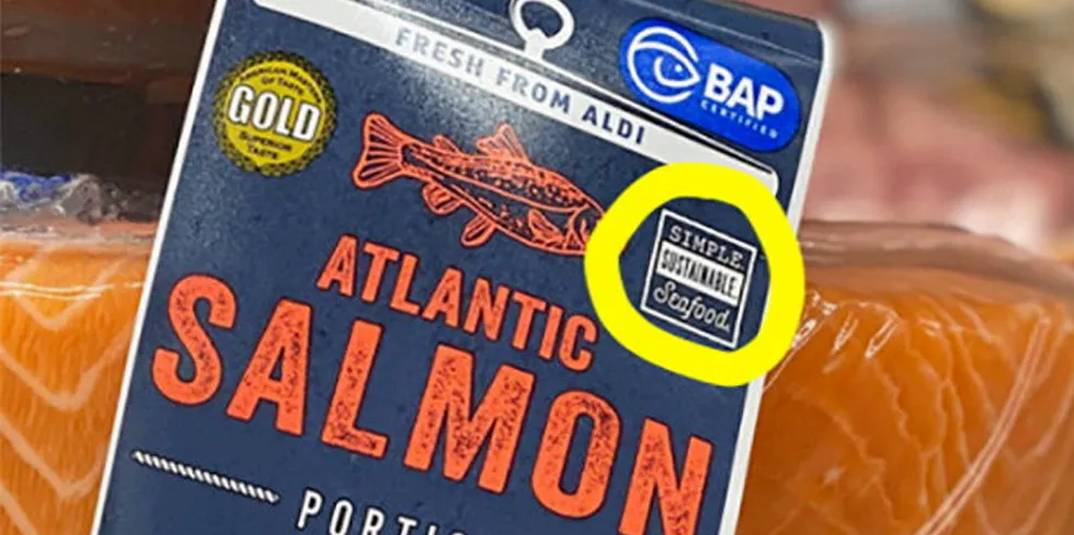 A GMO Free USA image of an Aldi package of farmed salmon. The group claims the retailer is falsely advertising the products as sustainable.