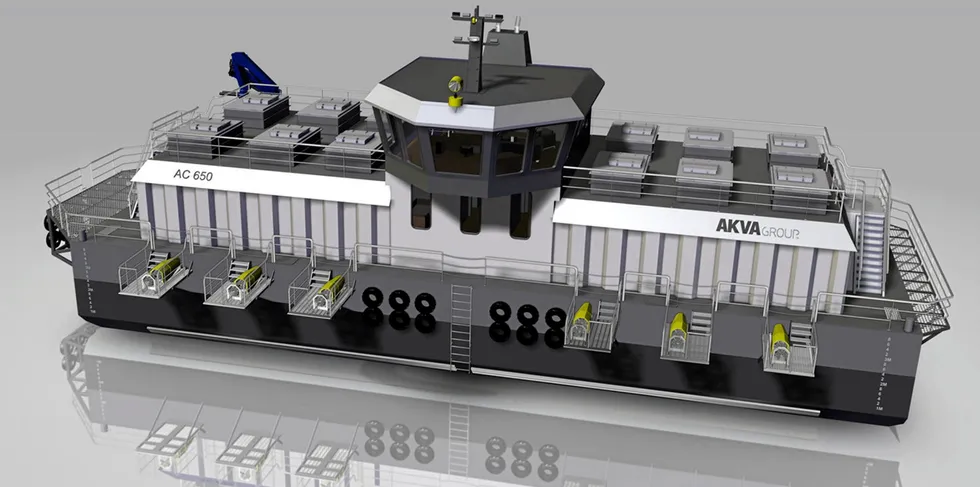 Akva AC600VR barges with storage capacities of 600 metric tons can feed several pens at the same time or switch between different types of feed.
