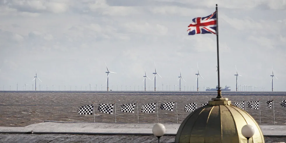 The UK's Gunfleet Sands wind farm, as seen from the town of Clacton-on-Sea.