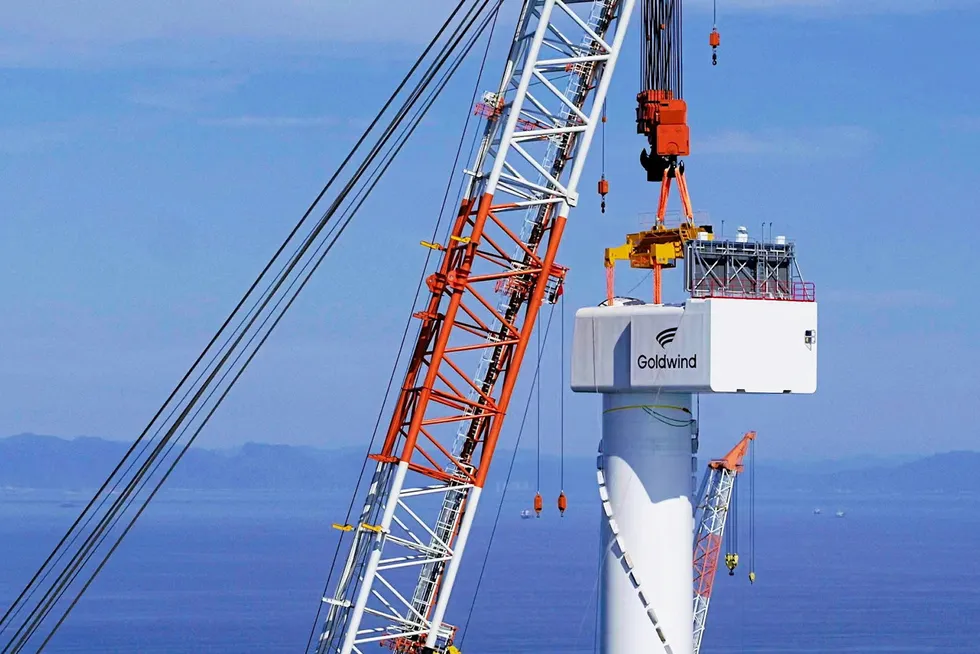 A Goldwind 14MW turbine during hoisting operation off Fujian province.