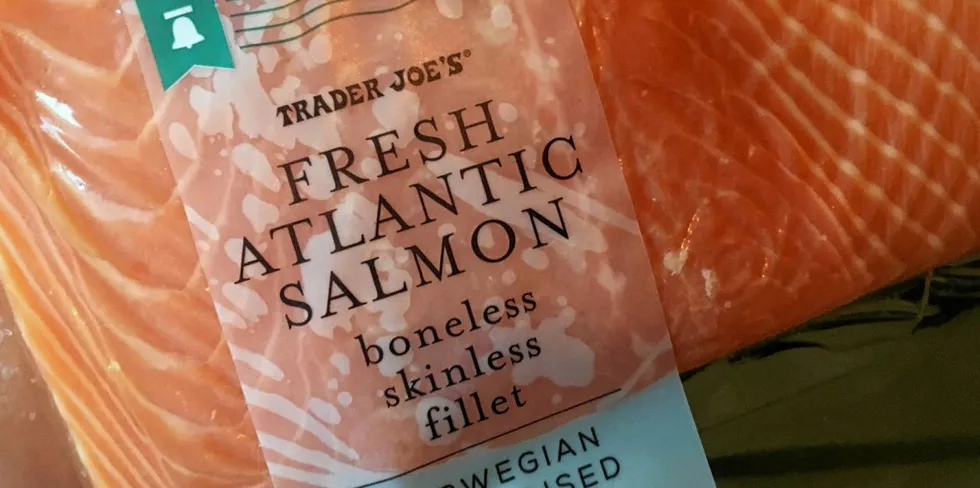 . Norwegian fresh farmed Atlantic salmon fillet on the shelf at US retailer Trader Joe's.
