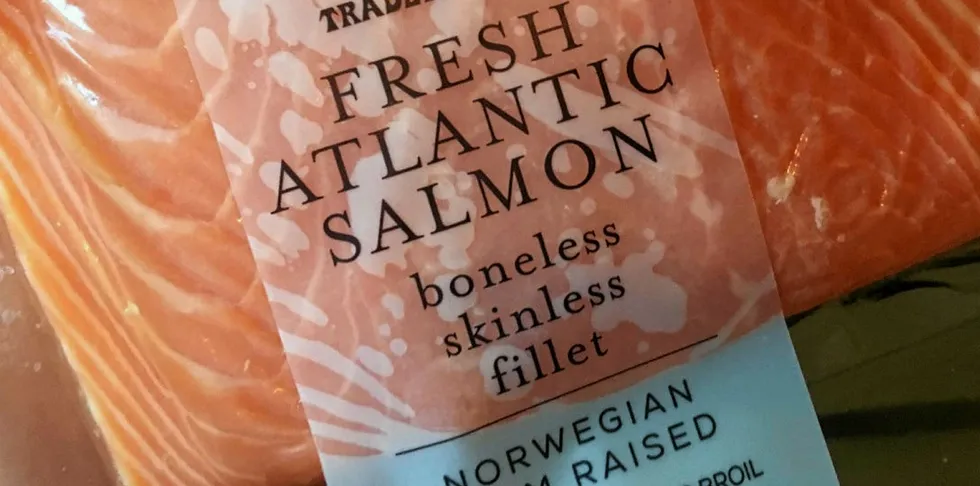 Norwegian fresh farmed Atlantic salmon fillet on the shelf at US retailer Trader Joe's.