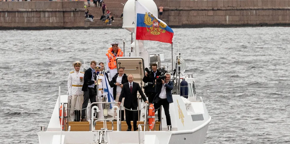 Russia President Vladimir Putin looks on as the Russian Fishery Company (RFC) in July launches the third vessel of a series of 10 supertrawlers. Russia is rebuilding the nation's pollock and crab vessels and processing plants and is emerging as a bigger challenger to US pollock producers.
