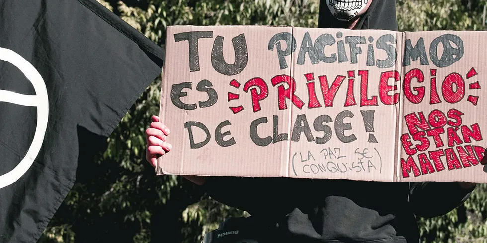 Demonstrator's sign reads: Your pacifism is class privilege.