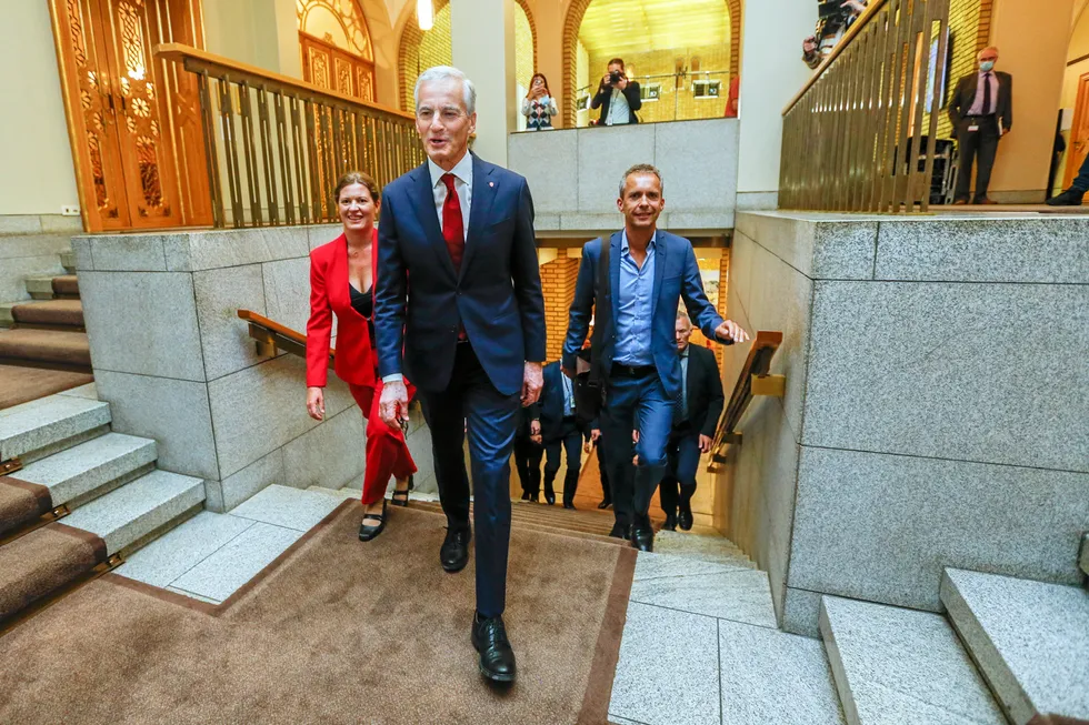 Stepping in: Norway's prime minister-elect Jonas Gahr Store arrives in parliament