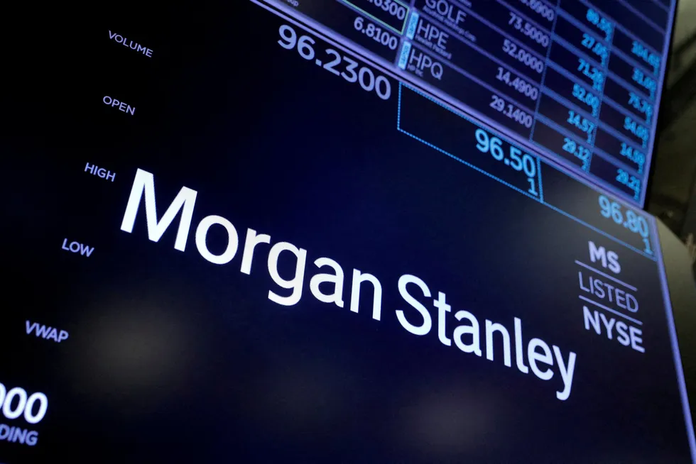 A Morgan Stanley logo on the trading floor at the New York Stock Exchange.