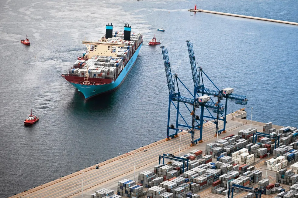 An aerial view of a containership as it arrives at the port of Gdansk in Poland