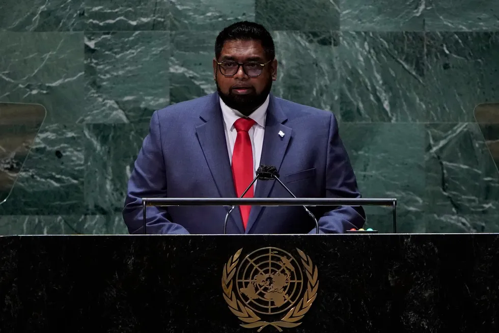 Mohamed Irfaan Ali, President of Guyana, addressing the 76th Session of the UN General Assembly in September 2021.