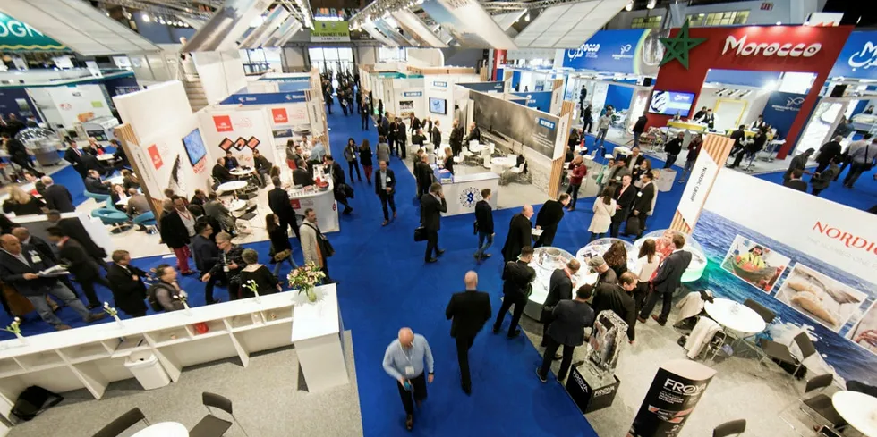 Attendees walk the Seafood Expo Global showfloor in Brussels. Combined, the Boston and Brussels seafood shows account for an estimated $35 million in revenue for the group.