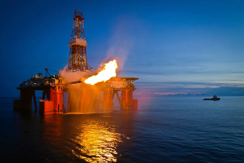 Japan Drilling Company's semi-submersible rig Hakuryu-5 performing a drill stem test on Salamander Energy's Angklung-1 well in 2010.