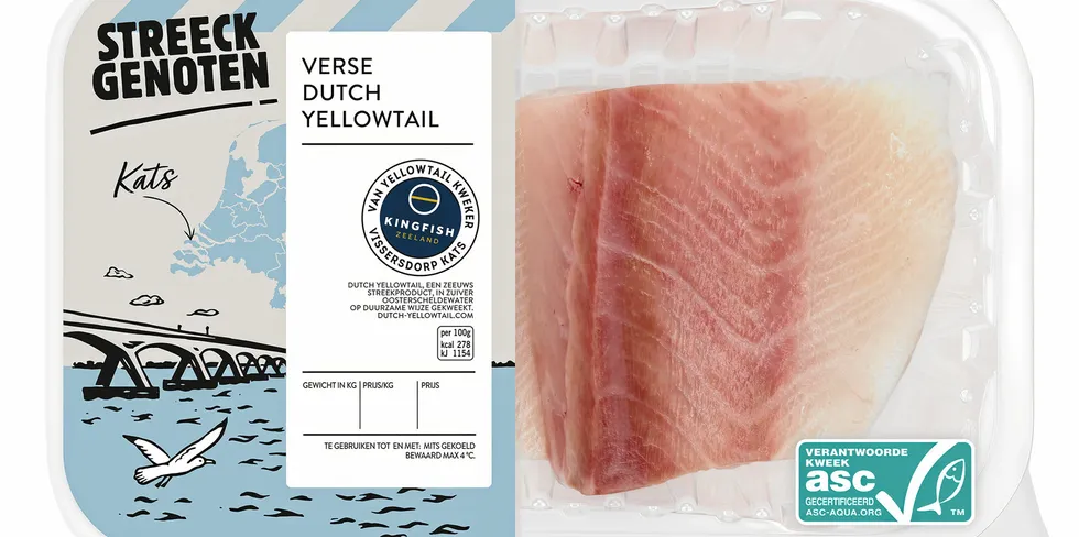 Kingfish trumpets the product's Aquaculture Stewardship Council (ASC), non-GMO, and antibiotic-free credentials.