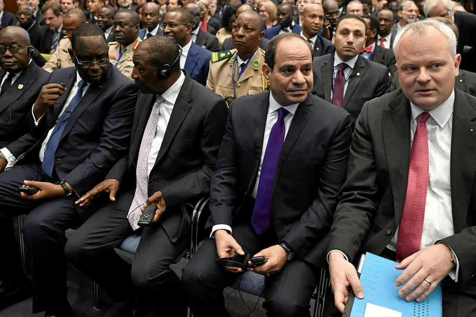 Leading from the front: from right, German-African Business Association chair Stefan Liebing, Egypt's President Abdel Fattah al-Sisi, Guinea's President Alpha Conde, Senegal's President Macky Sall and Ghana's President Nana Akufo-Addo at the G20 Investment Summit in Berlin last year