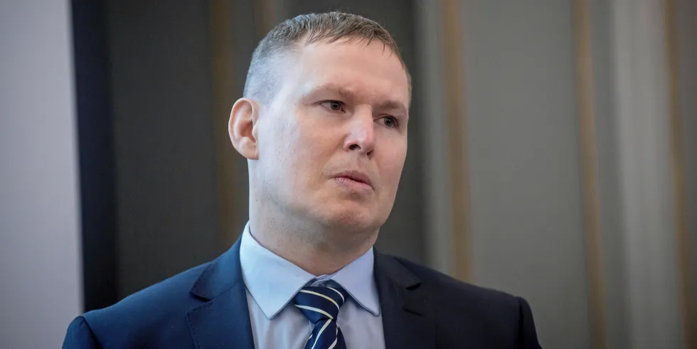 Finansdirektør Ivan Vindheim i Marine Harvest under en kvartalstallspresentasjon i Oslo.