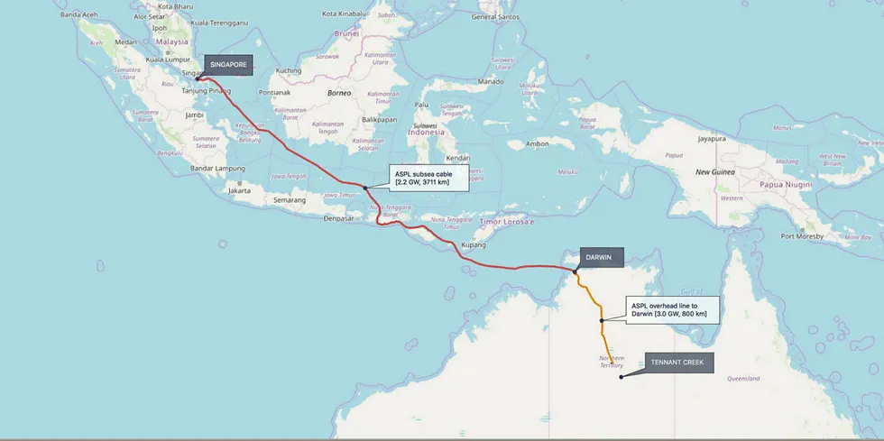 Planned route of the Australia-ASEAN Power Link's 4,500km cable.