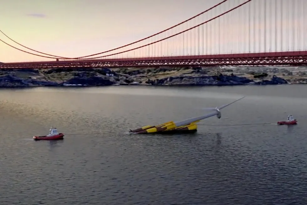 A rendering of the Aikido floating turbine design folded to pass under a bridge.