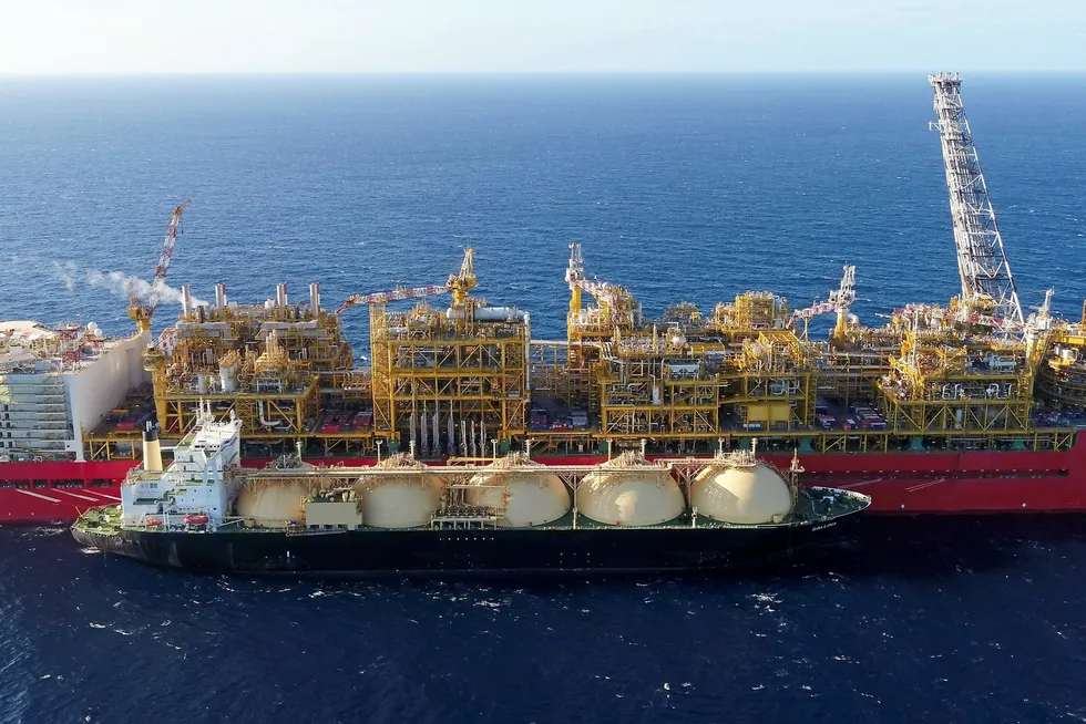 The LNG carrier Gallina berthed by Shell's Prelude floating liquefied natural gas facility offshore Australia.