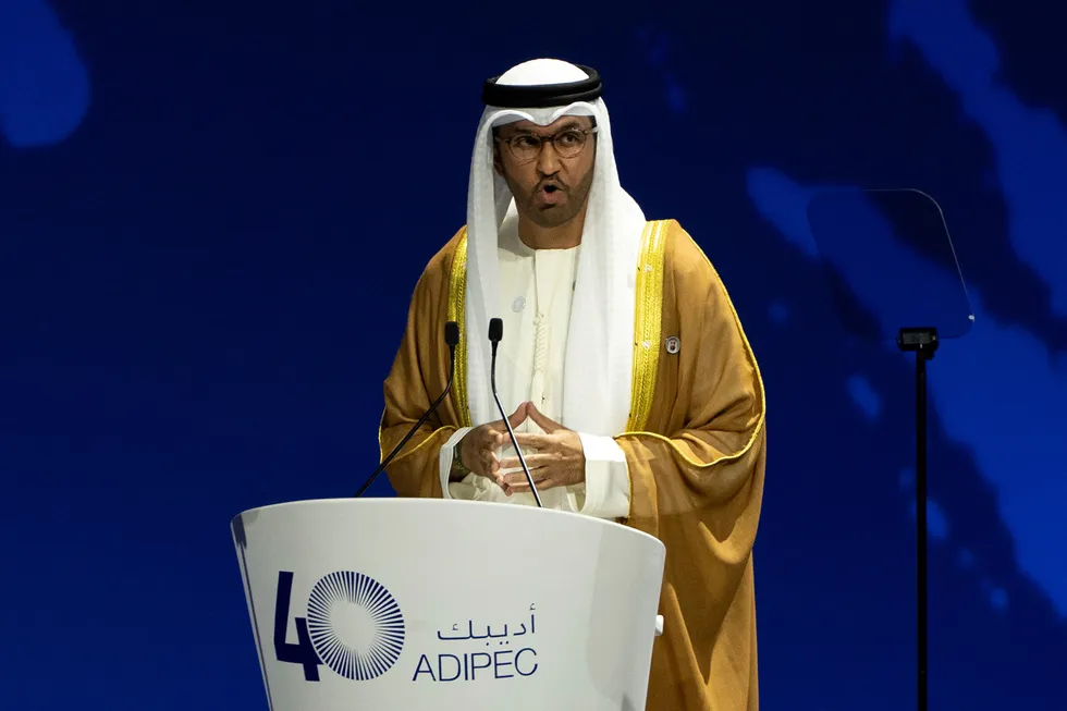 Sultan Ahmed Al Jaber, chief executive of Abu Dhabi National Oil Company (Adnoc), speaks during the inaugural session of the annual ADIPEC conference in Abu Dhabi, United Arab Emirates.