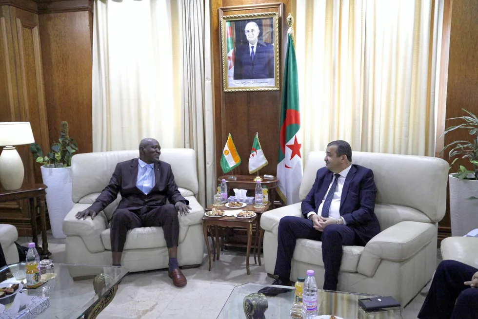 Algeria’s Minister of Energy & Mines, Mohamed Arkab (right), holds talks with Niger’s newly appointed Minister of Petroleum, Sahabi Oumarou.
