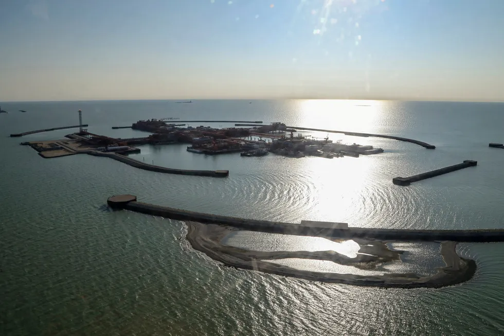 Sunrise: artificial oil and gas production islands at the Kashagan oilfield in the Kazakh sector of the Caspian Sea