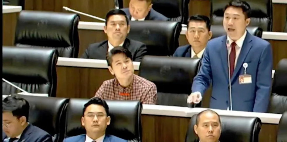 Thai member of parliament Worapop Wiriyaroj addresses fellow MPs in February on proposed changes to the country's fisheries law.