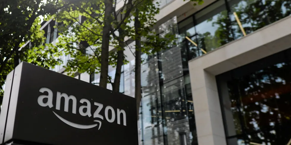 Amazon logo seen at the entrance to Amazon's Shannon Building on Burlington Road in Dublin. On Thursday, 08 July 2021, in Dublin, Ireland (Photo by Artur Widak/NurPhoto via Getty Images) . Amazon.