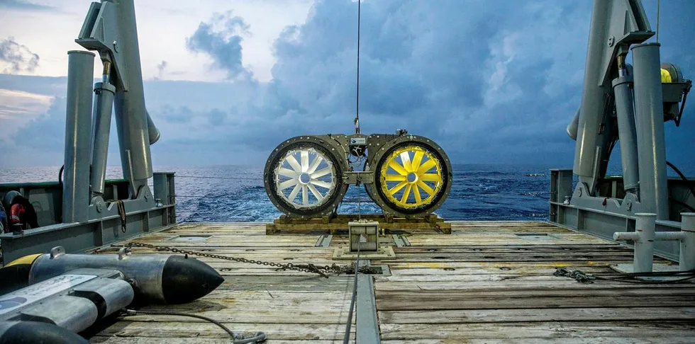 Prototype of Oceanbased Perpetual Energy's ocean-current turbines being installed off Florida, US