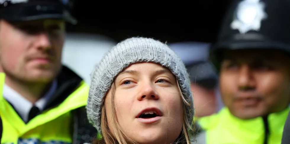Swedish climate campaigner Greta Thunberg attends an Oily Money Out and Fossil Free London protest in London.