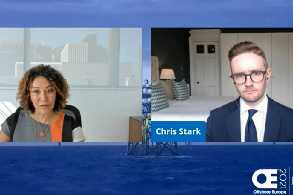Discussion: IOGP executive director Iman Hill (left), speaks to CCC chief executive Chris Stark during the opening session of Offshore Europe 2021, being held virtually due to the Covid-19 pandemic